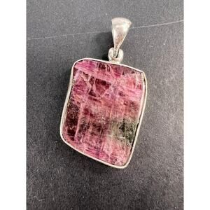 NEW Pink/ bi colored half rough tourmaline pendant in sterling silver 3.95 grams